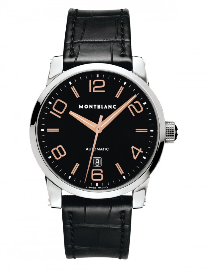 Upon the black dial, that specially decorated with rose gold scale and pointers, highlighting the whole design of this fake Montblanc watch.
