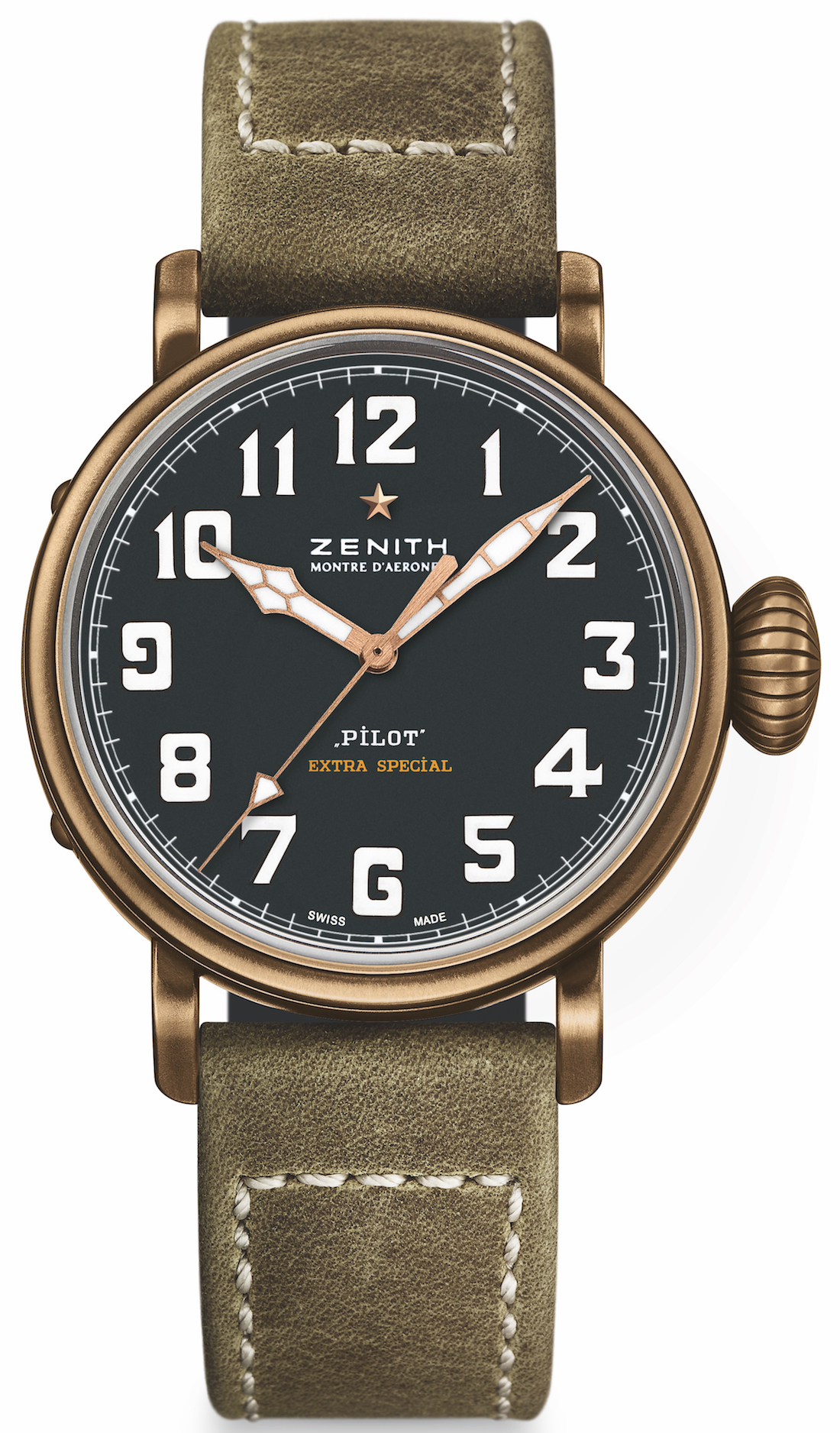Continuing the vintage design style, with old steel case matching khaki frosted strap, this replica Zenith watch presents us a wonderful visual effect.