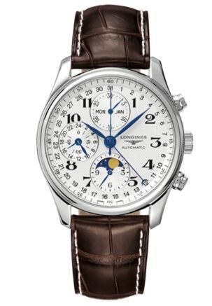 With delicate moonphase display decorating the white dial, this replica Longines watch presents a wonderful appearance.