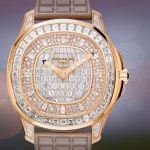 The 18k rose gold fake watches have purple straps.