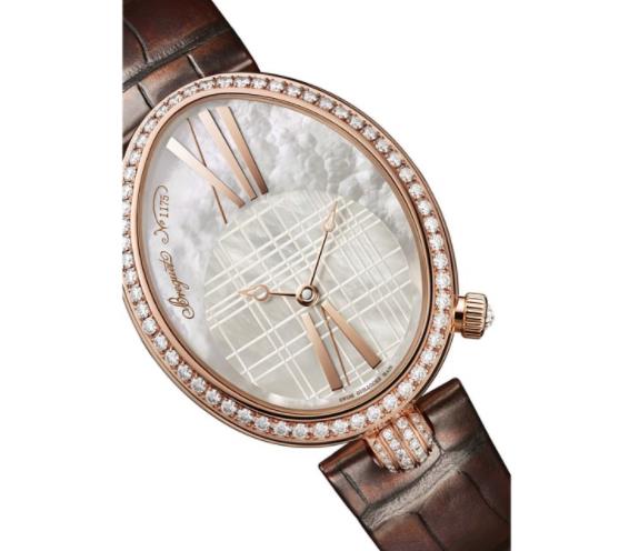 The brown leather straps fake watches are decorated with diamonds.